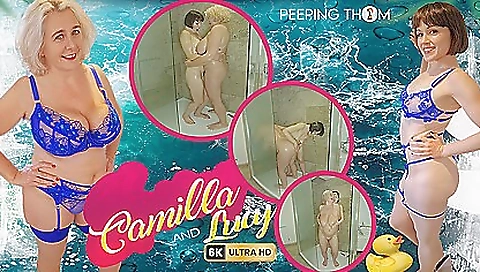 Sexy blonde milf masturbates with her lover during shower