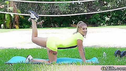 Tattooed blonde with a large booty gives him a blow job