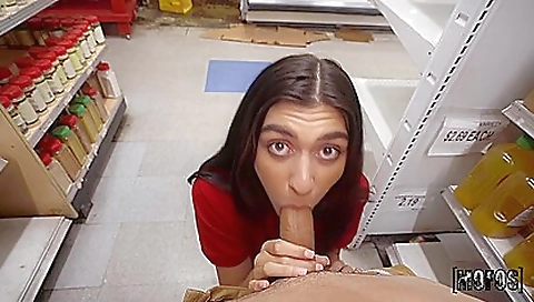 Brunette in black dress blows a dick in the supermarket