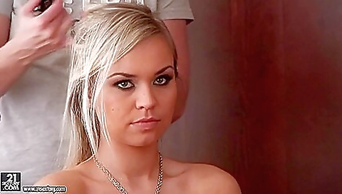 Busty brunette fucked by two guys in conference room