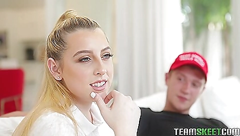 Busty blonde teen in stockings fingers her hairy pussy