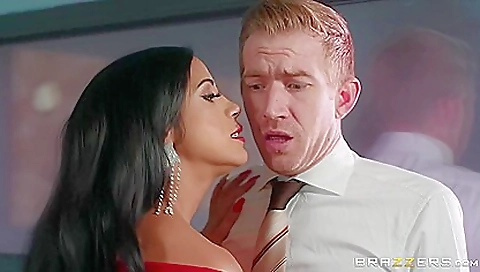 Gorgeous brunette in a tight black dress fucking a cock