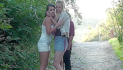 Horny blonde milf in sexy dress is in the middle of outdoor play