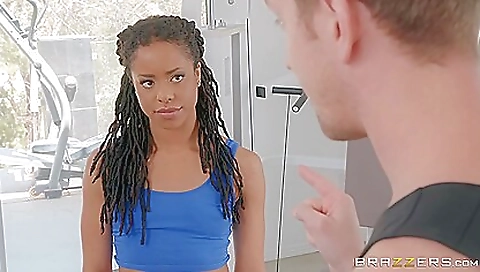 Brunette with small titties is with her trainer in the bathroom