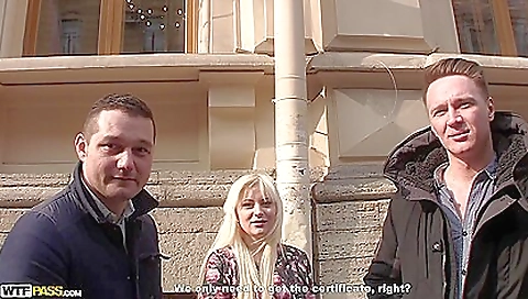 Blonde with big tits is cum in the steamy threesome