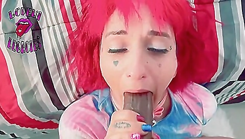 Tattooed girl gets hard while drinking and cumming