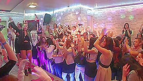 Brunette blonde in stockings get fucked in a interracial party