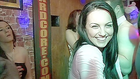 Amateur brunette in a group of men party on the floor