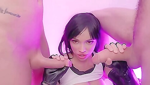 Brunette and a tattooed ass getting double penetrated